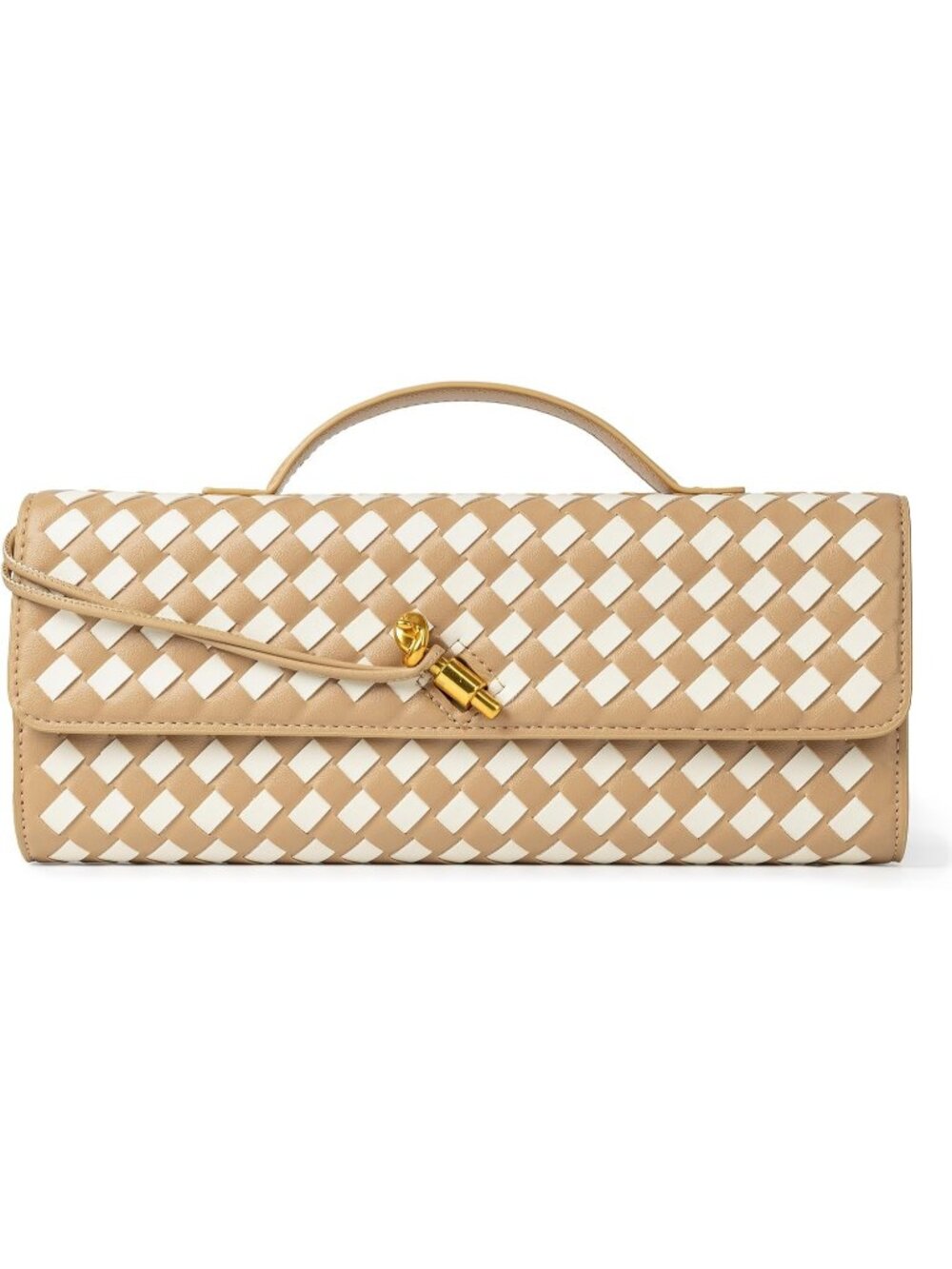 Womens Apricot White Woven Vegan Leather Clutch Purse Formal Evening Crossbody B